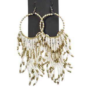 HAND-CRAFTED White & Gold Beaded 5" Dangling Hoop Earrings